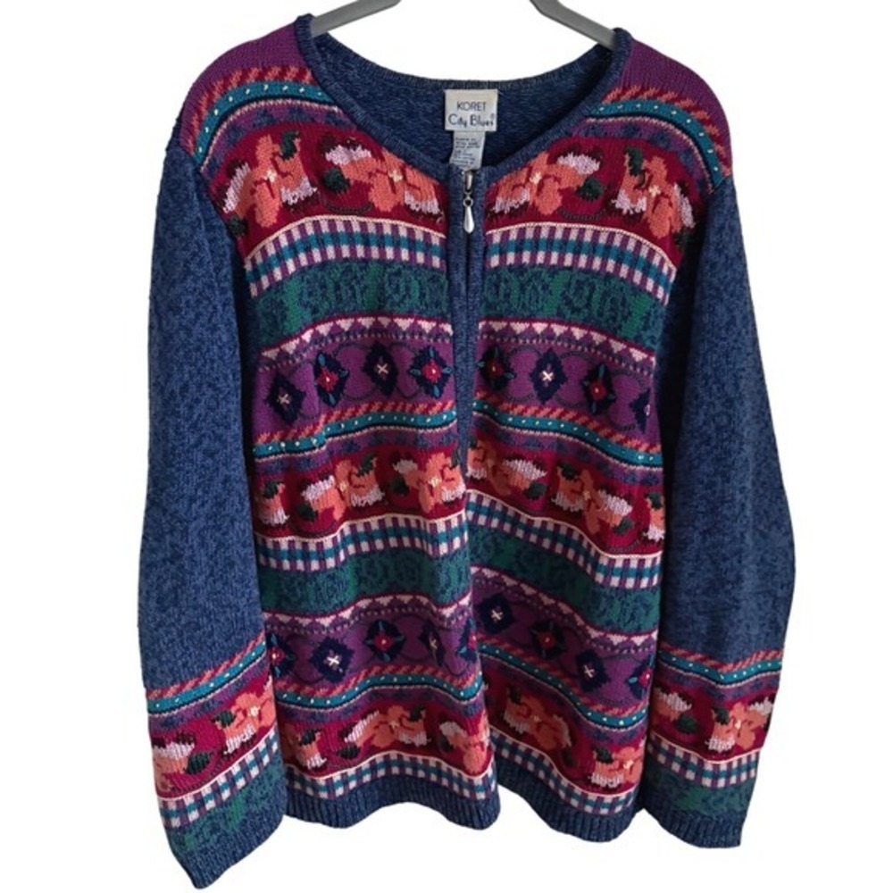 Vintage Koret City Blues Zip Front Knit Sweater L‎ Nordic Cottagecore Cabin Cozy